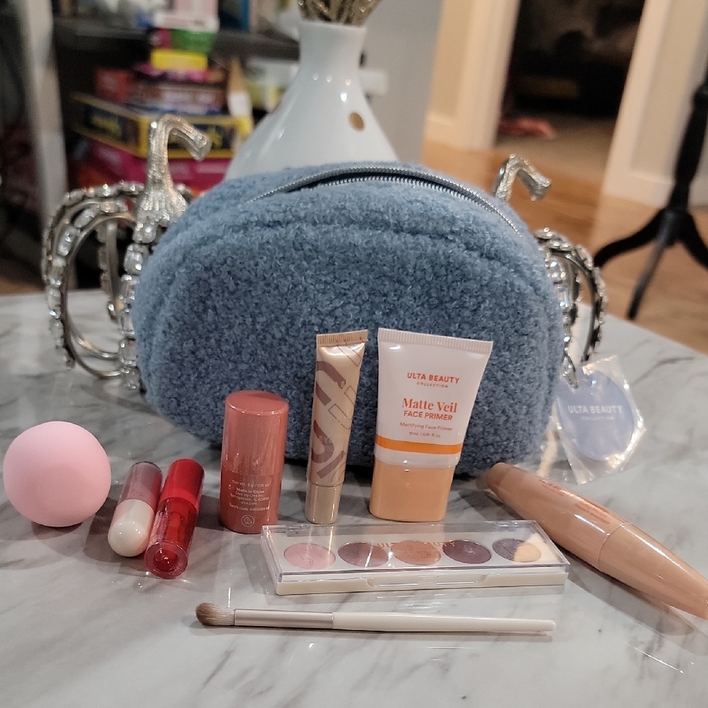 NEW Blue Soft Ulta Beauty Cosmetic Bag With Makeup Collection